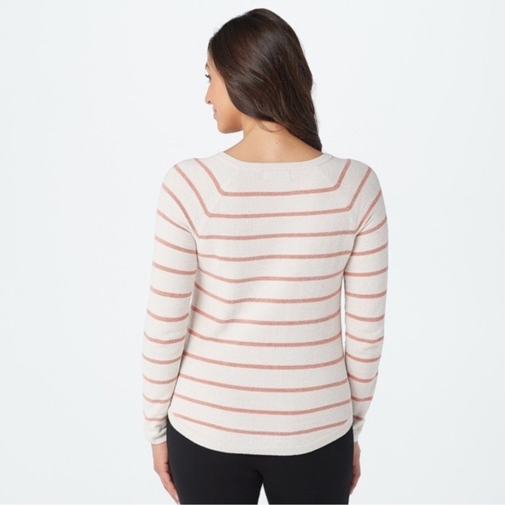 Barefoot Dreams CozyChic Ultra Lite Raglan Pullover Cream Peach Stripes Size XL